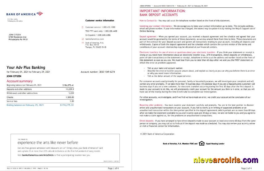 USA Bank of America bank statement in Word and PDF format (4 pages), version 3